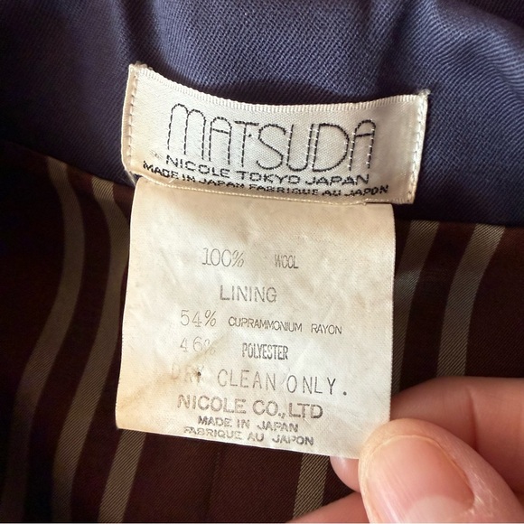 MATSUDA Nicole Tokyo Japan Navy Wool Double Breasted Blazer Vintage - Picture 3 of 4